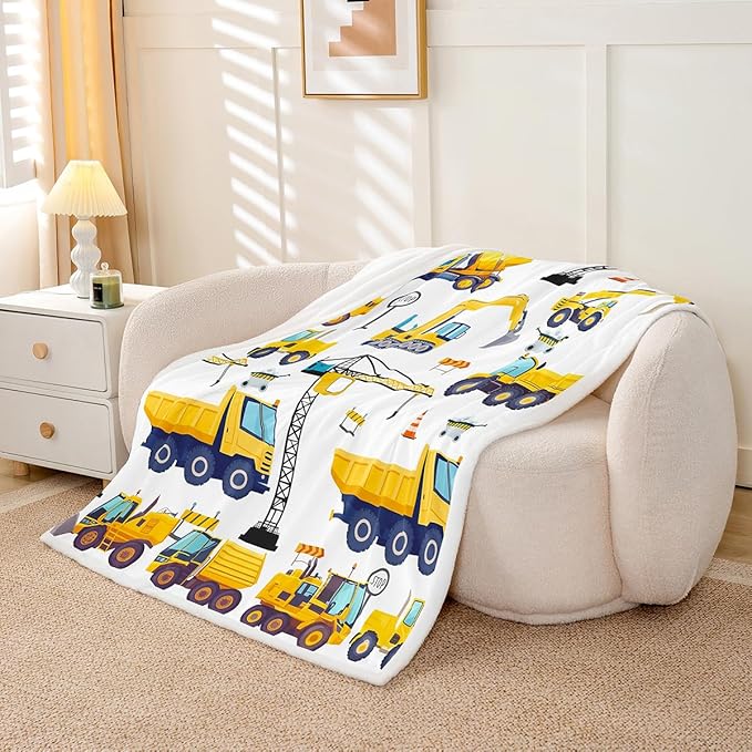 Erosebridal Construction Fleece Throw Blanket for Kids Boys Excavator Truck Blanket Throw Twin 60"X80" Cartoon Car Toddler Bed Blanket Soft Warm,Tractor Vehicle Sherpa Flannel Blanket Yellow Blue