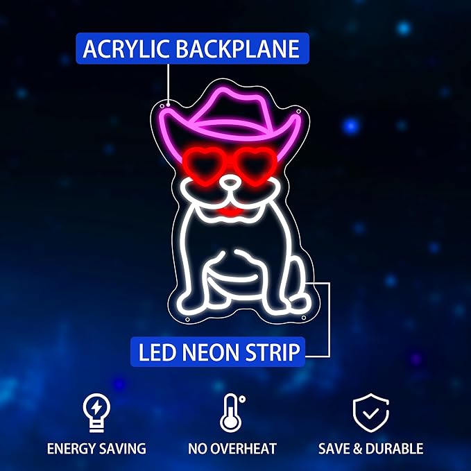 Cowboy French Bulldog Neon Sign, French Bulldog LED Sign for Wall Decor, Cute Cowboy Dog Led Light Sign for Pet Shop, Bedroom, Home Wall Decor, Party Decor, Gift for Dog Lover and Bulldog Fans