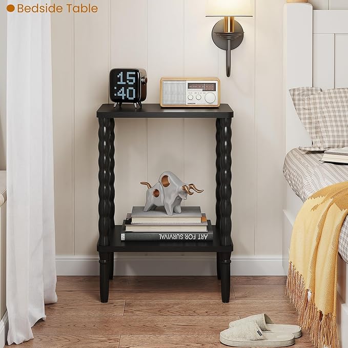 Small Narrow Side Table, Vintage End Table - Skinny Bedside Nightstand for Small Spaces, Couch/Recliner Accent Table for Bedroom Living Room Nursery, No-Tool Assembly (Black)