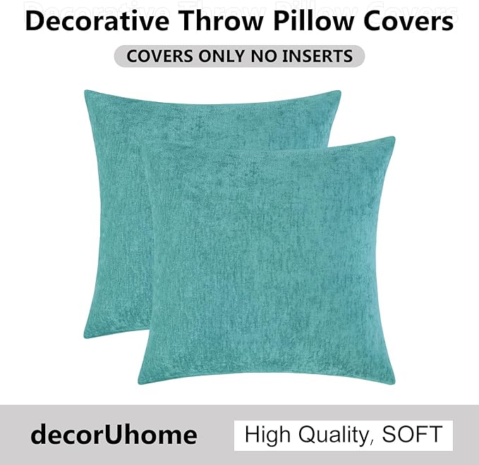 decorUhome Chenille Turquoise Summer Throw Pillow Covers 18x18 Inch Set of 2, Decorative Soft Couch Pillow Covers Solid Dyed Accent Farmhouse Neutral Square Pillow Cases for Sofa