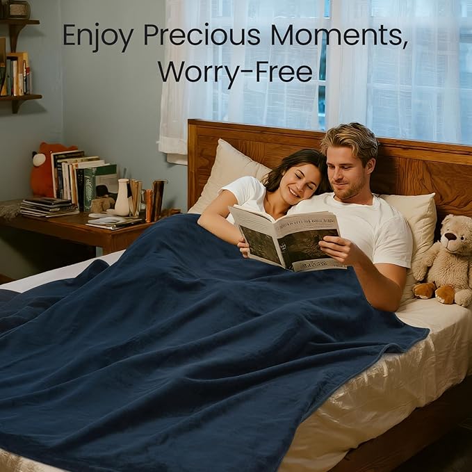 LOOBANI Waterproof Blanket for Bed: Reversible Leakproof Full/Queen Bed Blankets 80" x 90", Soft Flannel & Coral Fleece Bed Blanket Water Resistant for Couch Sofa Cover, Movie Time, Camping, Blue