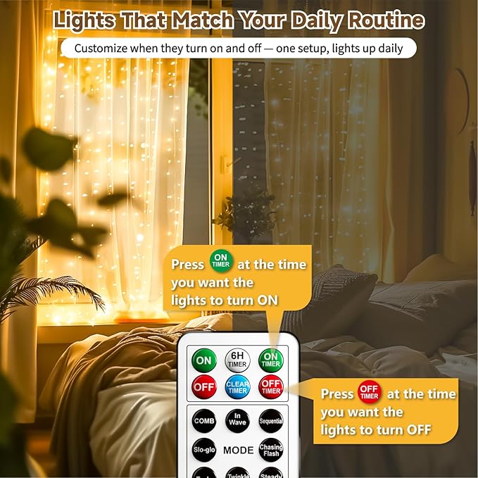 HXWEIYE 300LED Untangled Curtain Lights, 9.8x9.8Ft USB Fairy Twinkle String Lights with Remote and DIY Timer, 8 Modes Window Wall Hanging Light for Bedroom Dorm Backdrop Room Decor, Warm White