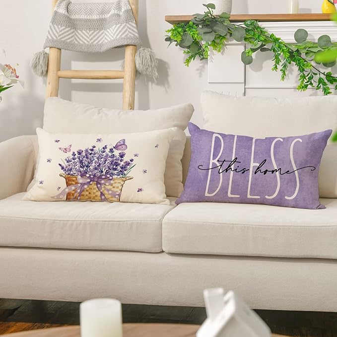 AVOIN colorlife Lavender Bless This Home Spring Throw Pillow Covers, 12 x 20 Inch Purple Cushion Case for Sofa Couch Set of 4