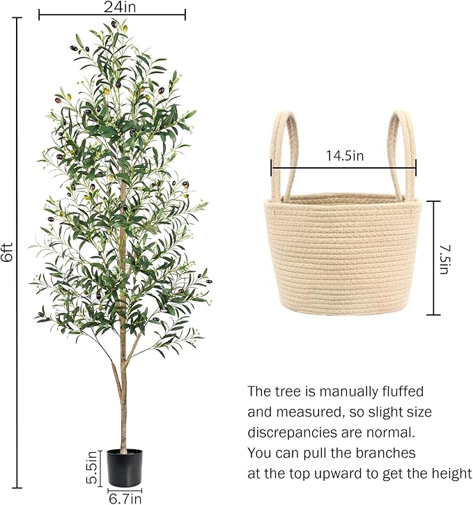 Faux Olive Tree 6FT, Artificial Potted Tree with Planter, Silk Plants Indoor Outdoor, Lifelike Olive Plants with Natural Wood Trunk, Fruits and Buds, Home Office Decor, 1 Pack
