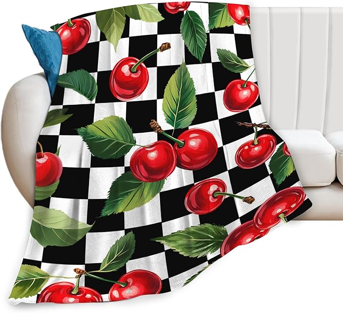 Cherry Blanket for Girls Women Adults Kids Soft Cozy Fleece Fruit Buffalo Plaid Preppy Gifts Throw Blankets Warm Flannel Plush Lightweight Decor for Couch Bed Sofa 80"X60"