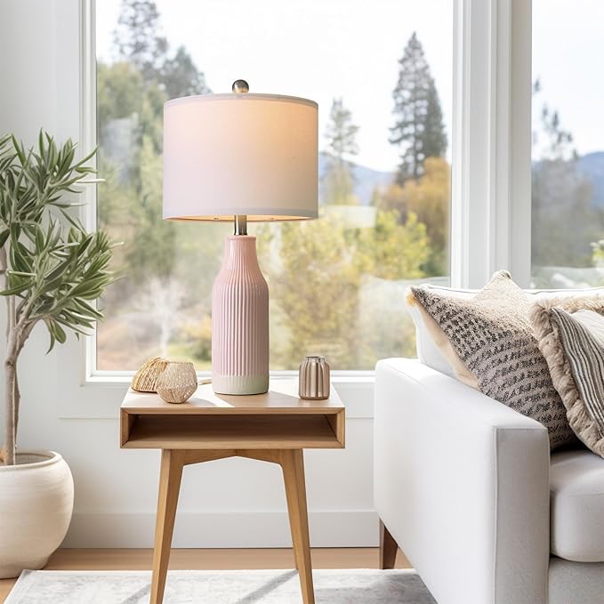 23.75inch Pink Modern Ceramic Bedside Lamp Set of 2 with 5FT Cord for Bedroom Decor Farmhouse Table Lamp for Living Room Office Dorm