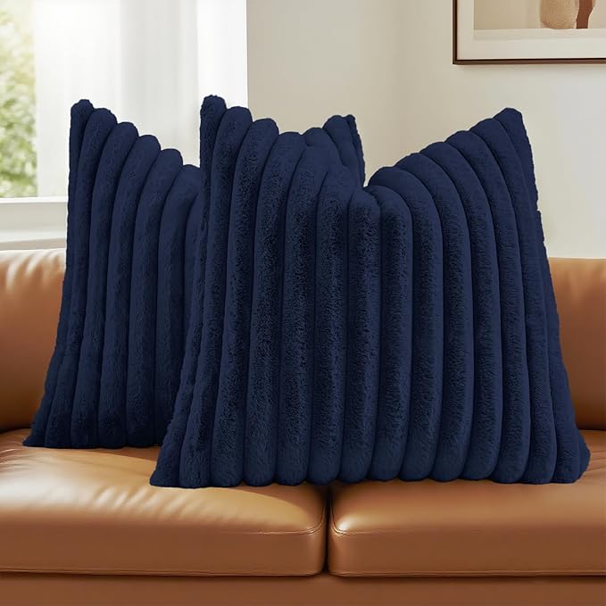 FUTEI Dark Navy Decorative Throw Pillow Covers Set of 2, 26x26 Inch Soft Fluffy Faux Fur Plush Striped Euro Pillow Shams, Modern Home Decor for Couch Bed Living Room