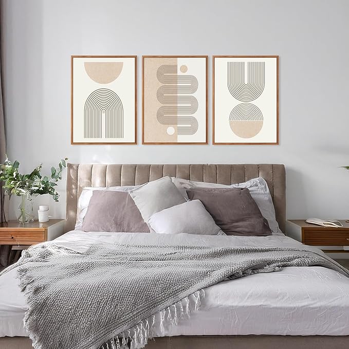 CHDITB Mid-Century Modern Framed Canvas Wall Art Set Of 3, Neutral Art Boho Wall Decor, Beige Geometric Wall Painting, Abstract Minimalist Art Prints For Living Room, Bedroom (12X16 Inch)