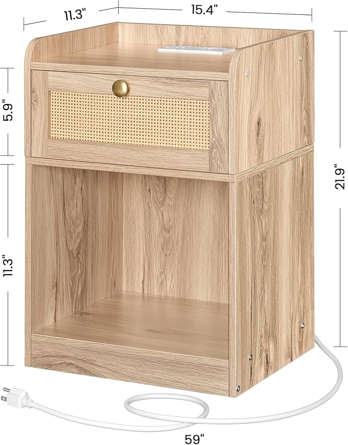 Nightstand with Charging Station, Side Table with Rattan-Style Drawer and Storage Shelf, Modern Rattan Night Stand with 2 USB Ports, Boho End Table Bedside Table for Bedroom, Natural MBZ01UWO