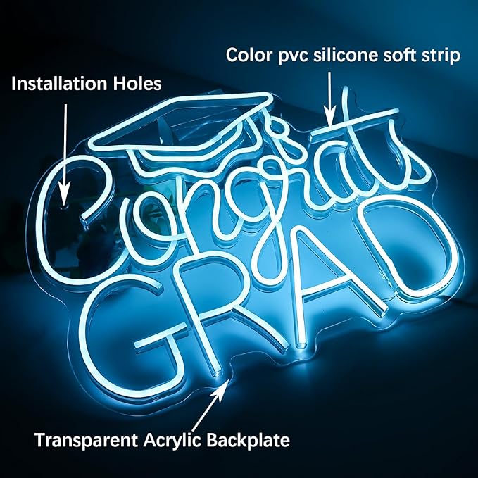 “Congrats Grad” Ice Blue Neon Sign – 16.5×12.6 in Unique Aqua-Tone LED Light for Med School & Engineering Grads, Dimmable with Wired Controller, Includes Wall Anchors – Class of 2026
