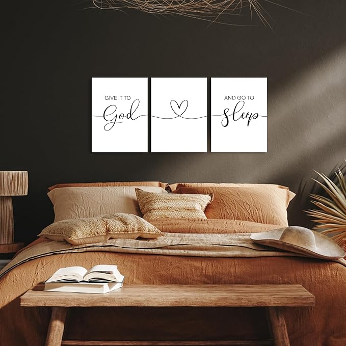 Give It To God And Go To Sleep Wall Art: Modern Farmhouse Bedroom Signs Decor for Couples,Aesthetic Minimalist Bedroom Pictures Wall Decor Above Bed Hanging Wall Plaques 12x16 Inch,Set of 3
