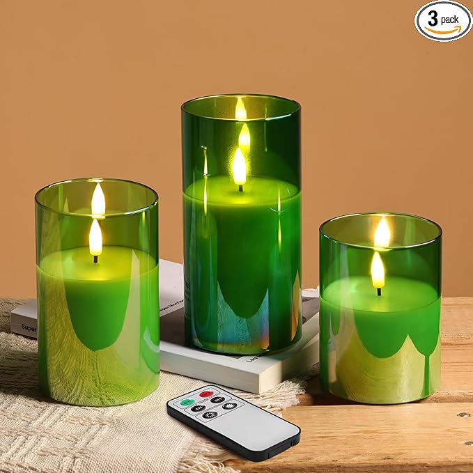 Eywamage Green Glass Flameless Pillar Candles with Remote, Flickering Spring Battery LED Candles Holiday Decor Set of 3