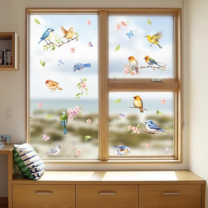 HLNIUC Branches Flowers Birds Wall Sticker 35”x12”DIY Spring Floral Window Clings Hummingbird on the Tree Branch Wall Decal Large Pink Cherry Blossom Removable Art Stickers for Living Room Kids Room