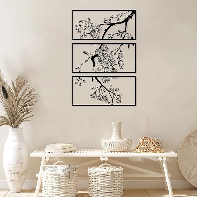 ruelen 3 Pieces Metal Flowers Wall Decor, Modern Abstract Minimalist Floral Line Sculpture Decor Hanging Wall Art for Kitchen Bedroom Living Room Above Bed Bathroom Office (Black)