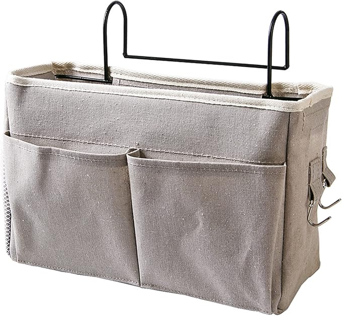 Bedside Caddy Hanging Bed Organizer Storage Bag Pocket for Dorm Rooms Bed Rails Nightstand Hanging Bag Cotton Linen Bedside Storage Pocket Organizer Basket for Bunk Bed Dorm Rooms(Grey)