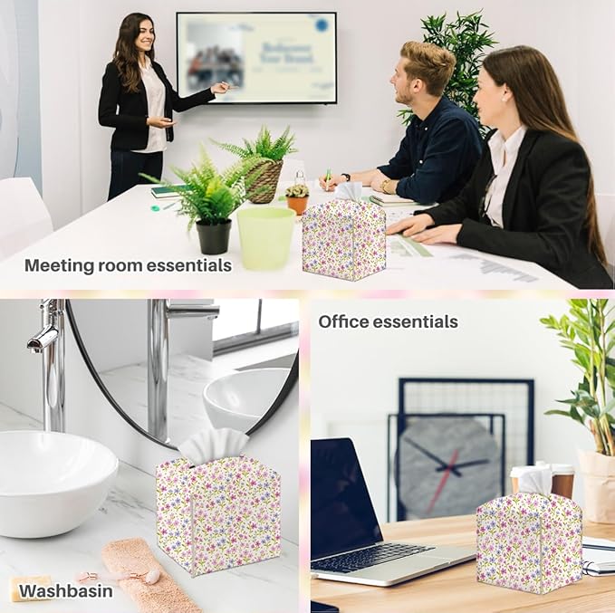 Tissue Box Cover, Tissue Box Holder, Square with Belt Bottom, PU Leather Decorative Organizer for Desk, Tabletop, Countertop Bathroom, Toilet Car, Office, Bedside Kitchen, Aesthetic Flower Decor