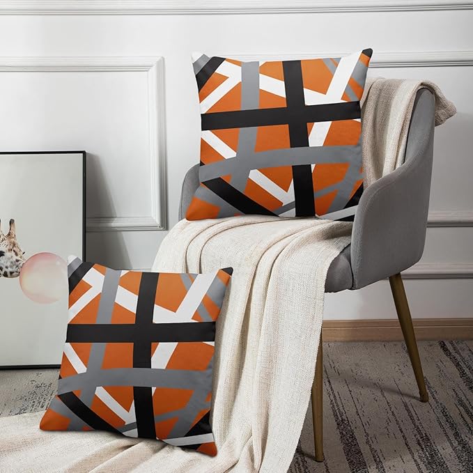Emvency Set of 2 Throw Pillow Cover Orange Black Stripes Grey White Design Retro Decorative Pillow Case Striped Home Decor Square 18x18 Inch Cushion Pillowcase