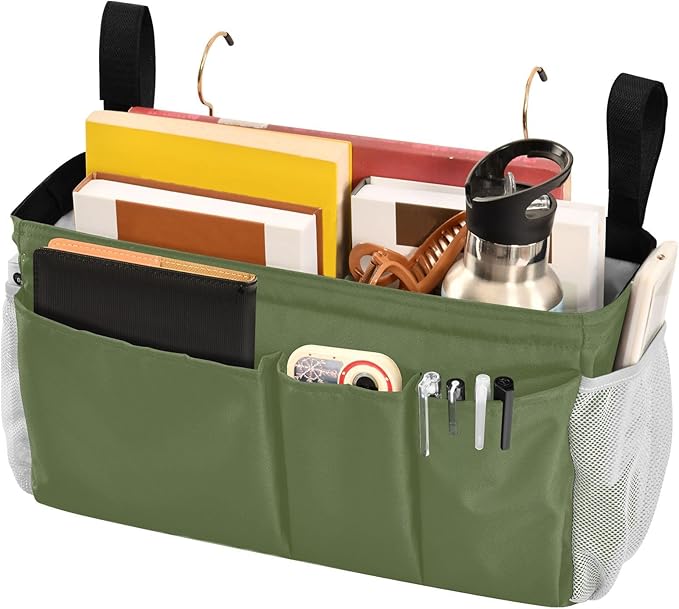 DOMIKING Dark Green Bedside Caddy for Dorm Bed Recliner Armrest Organizer with Hooks Haning Storage Bags for Couch Recliner Remote Control