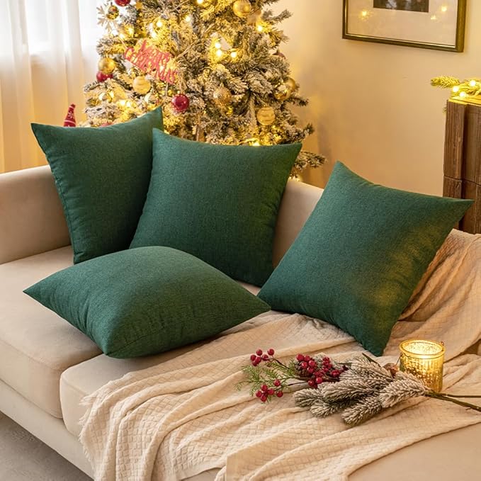 MIULEE Pack of 2 Decorative Outdoor Solid Waterproof Throw Pillow Covers Faux Linen Garden Farmhouse Cushion Cases for Patio Tent Balcony Couch Sofa 18x18 Inch Emerald Green