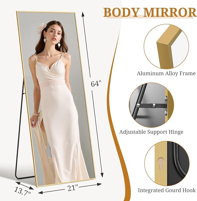 Full Length Mirror 64"x21" Full Body Mirror Rectangle Free Standing Wall Mounted Leaning Floor Mirrors with Stand Aluminum Alloy Frame for Bedroom Cloakroom, Gold