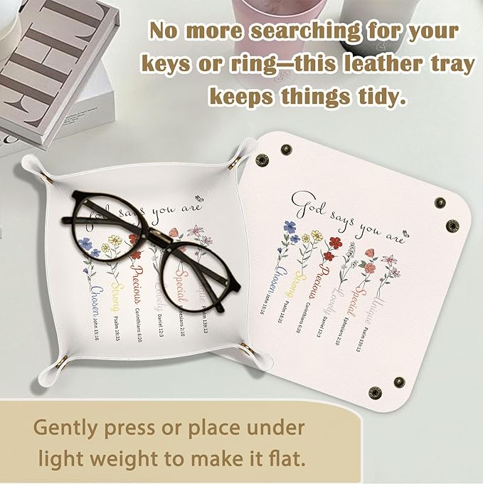 Christian Gifts -God Says You Are Bible Verses， Religious Gifts for Women，Inspirational Gifts For Women，Floral PU Leather Catchall Beside Caddy Nightstand Organizer Tray for Rings,7.87x7.87in