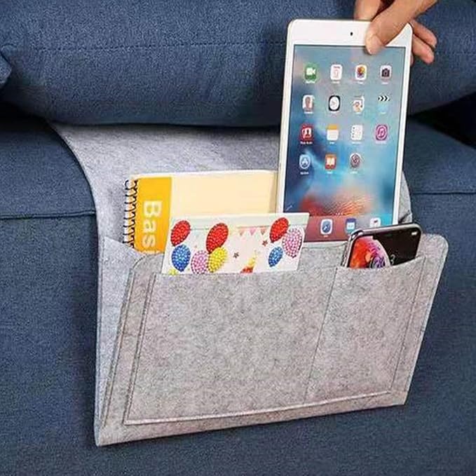 Bringsine 5 Pockets Bedside Caddy, Felt Bed Storage Organizer Hanging Bag Holder for Magazine Book Phone Tablet iPad Cables Remote and Water Bottle Holder Home Dorm Bed Sofa-Light Gray