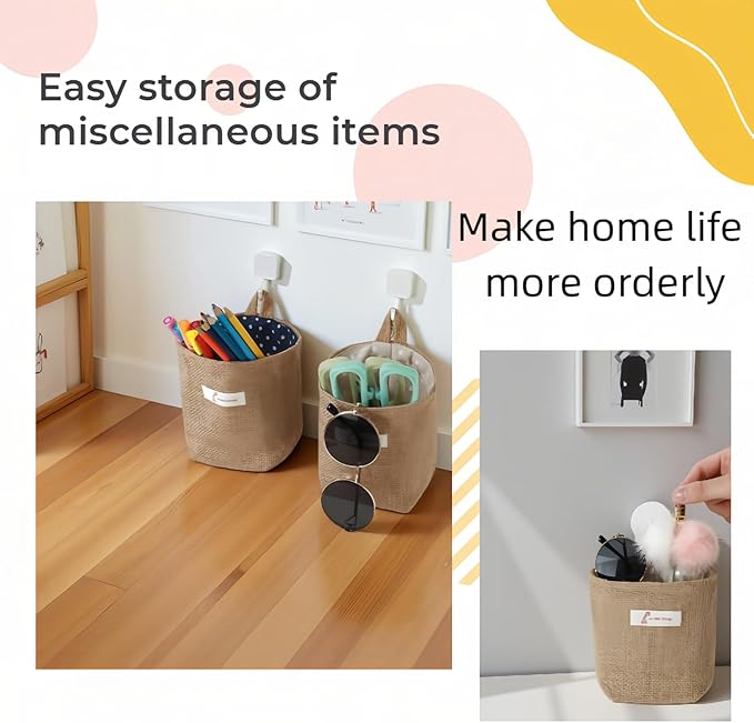 Washable Cotton Linen Hanging Organizer Bag for Door Wall Bedside | Washable Storage Pockets | Space Saving ，Reusable Closet Organizer (2Pack) (Deep blue stripes+yellow dots)
