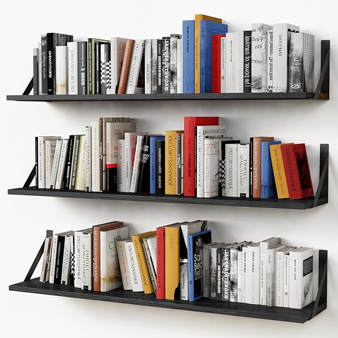 Forbena Floating Shelves 36 Inches Long 8 in Deep Set of 3, Large Wall Shelf for Bedroom Books, Heavy Duty Wide Wall Shelving for Living Room Office Kitchen Closet Organizers and Storage (Black)