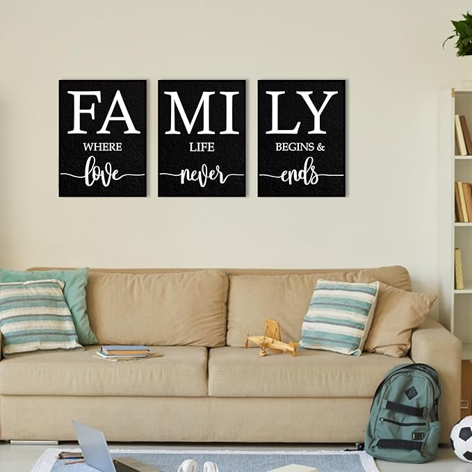 Family Where Life Begins And Love Never Ends Wall Art: 3 Piece Family Quotes Wall Art Prints Framed 12"x16",Love Signs Wall Decor Above Bed,Farmhouse Wall Decor for Living Room Dining Room