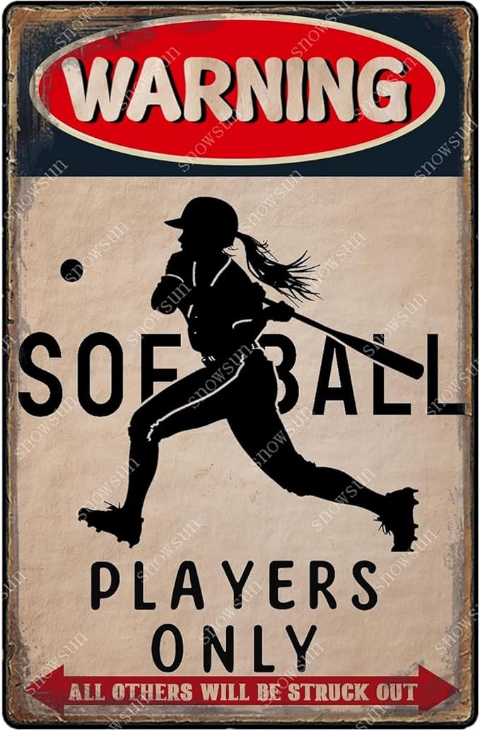snowsun Softball Metal Signs Warning Softball Players Only Vintage Tin Sign Warning Wall Decor for Boys Girls Bedroom Sports 8×12 Inches