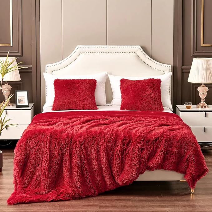 YUSOKI Red Queen Faux Fur Blanket,2 Layers,90"x90" Without Pillows Big Soft Plush Fuzzy Large Warm Fluffy Throw Blanket for Bed