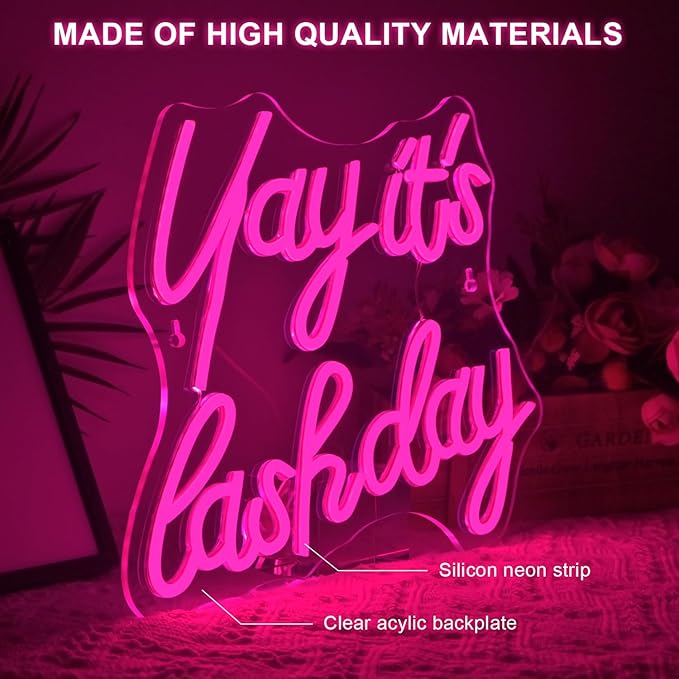 Lucunstar Yay It's Lash Day Neon Sign Pink Led Light USB Connectivity Led Neon Sign with Dimming Switch for Home Wall Decor Girls Room Party Room Decor