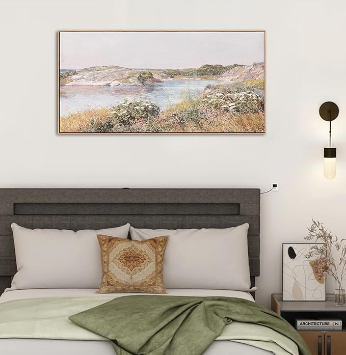 DJSYLIFE Large Framed Wall Art - Vintage Countryside Landscape Wildflowers River Scene Canvas Prints, Classical Paintings for Living room Bedroom Decor, Farmhouse Country Artwork 20"x40"
