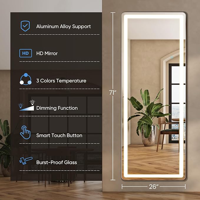 DUMOS 27"×71" Full Length Mirror with Light, LED Floor Full Body Mirror with 3 Color Lighting, Wall Mounted Stand Mirror for Bedroom, Dressing Room, Living Room, Bathroom