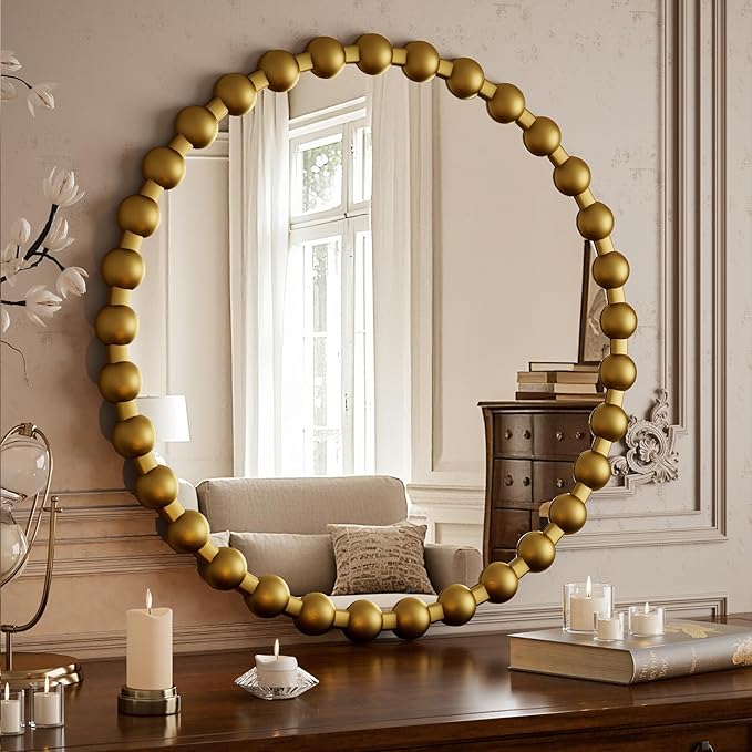 Round Mirror for Wall, 28 Inch Gold Beaded Frame Decorative Vanity Mirror, Circle Bathroom Mirror with High-Definition Lense, Modern Wall Decor for Bathroom, Living Room, Bedroom, Entryway