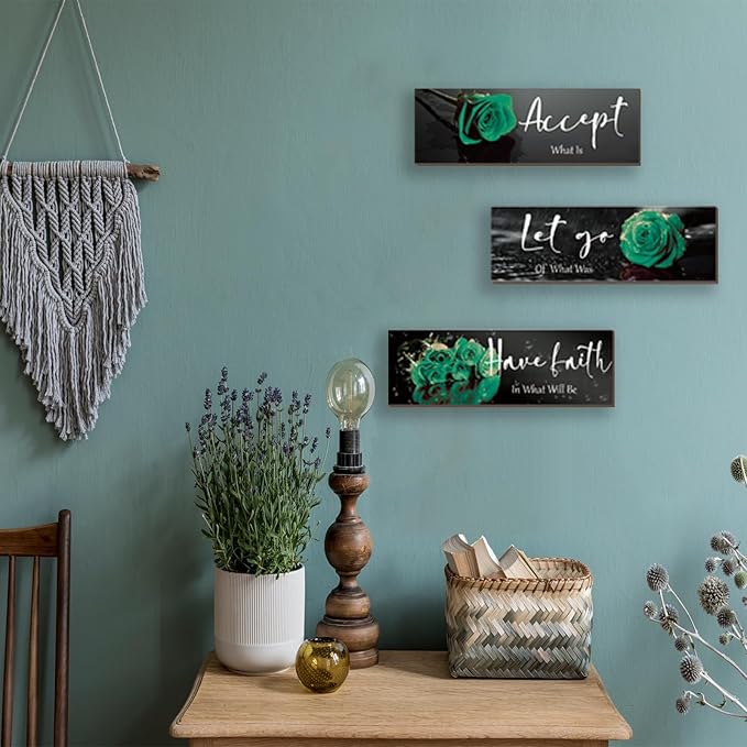 3 Pcs Green Wall Decor Inspirational Bathroom Decor Wooden Rose Wall Art Office Decoration With Accept Let Go Have Faith Quotes For Girl Women Bedroom Kitchen(Green 12 X 4 Inch)