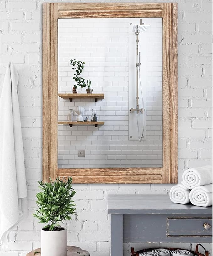 AAZZKANG Rustic Mirror for Wall with Rectangle Wood Framed Decorative Hanging Mirrorrs Large 28"x20"for Bedroom Bathroom Living Room Dressing Room