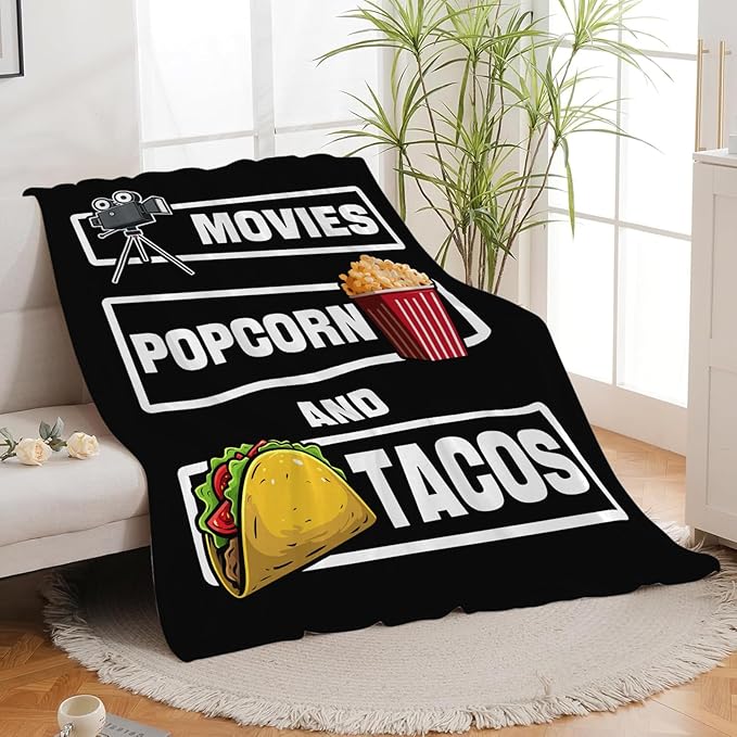 Movie Taco Popcorn Blanket for Girls Women Boys Men Adults Kids Soft Cozy Fleece Theater Cinema Film Throw Blankets Gifts Warm Flannel Plush Lightweight Decor for Couch Bed Sofa 60"X50"