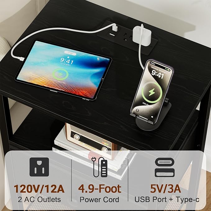 Night Stand with Charging Station, Small Bedside Table with Fabric Drawer, Nightstand with USB Ports & Outlets for Bedroom, Living Room, Black, HETS010BK-1