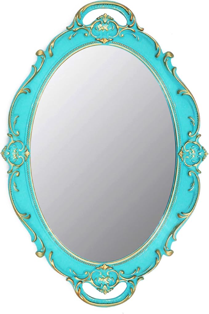 Vintage Small Mirror 14.5 x 10 Inch Oval Blue Wall Mirror