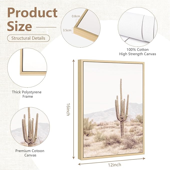Sonoran Desert Landscape Wall Art Cactus Arizona Canvas Wall Decor Desert Poster Pictures Saguaro Cactus Art Prints Landscape Painting for Home Bedroom 12x16x3 Inch Framed