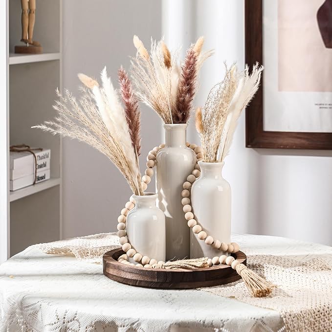 5 Pcs Rustic Country Tabletop Centerpieces Decor Set of 3 Boho Ceramic Vases with Wooden Serving Tray Wood Bead Garland Tassels Table Holder for Home Decorations(Dark Brown)