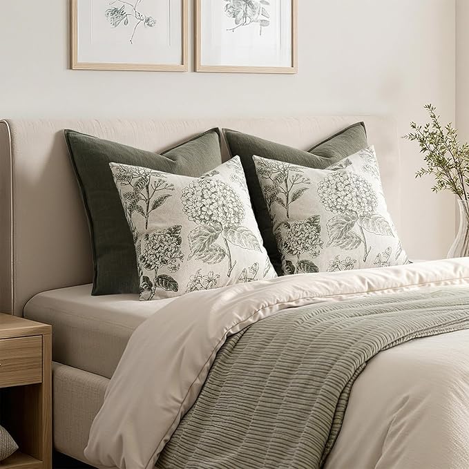 Set of 2 Decorative Floral Neutral Pillow Covers 20x20 Inch Light Green Hydrangea Print Spring Boho Vintage Throw Cushion Covers for Sofa Couch Porch Bedroom Living Room Summer Home Decor