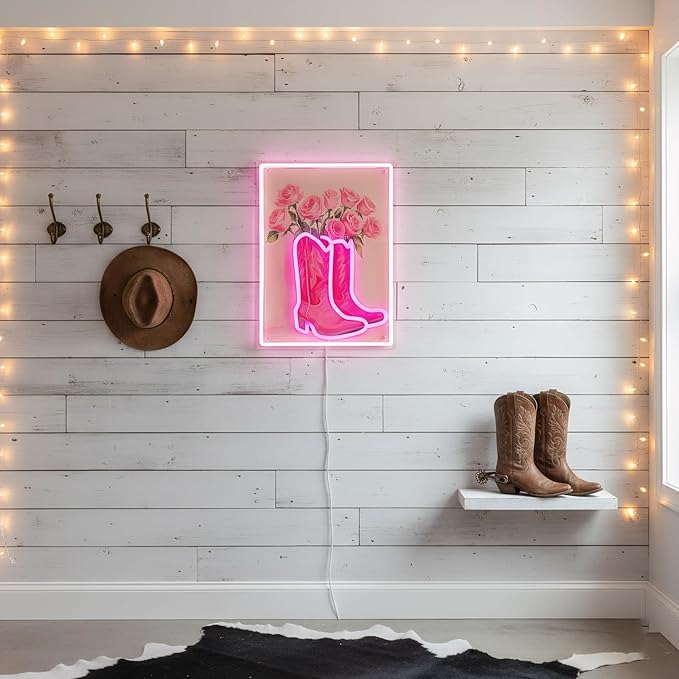 Cowgirl Boot with Flowers Neon Sign for Wall Art Decor, Dimmable Pink White LED Western Wall Light for Home, Bedroom, Game Room, Bar, Party, Birthday Gift for Cowgirls, 16.5 x 12.5 Inch