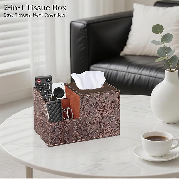 Fanousy Square Tissue Box Cover with Storage, PU Leather Cube Tissue Box Holder, Remote Control Nightstand Organizer, Modern Desk Caddy for End Table, Bathroom, Bedroom, Home, Office Decor