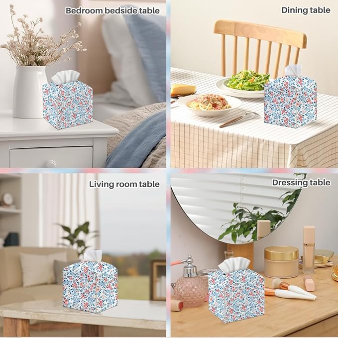 Tissue Box Cover, Tissue Box Holder, Square with Belt Bottom, PU Leather Decorative Organizer for Desk, Tabletop, Countertop Bathroom, Toilet Car, Dresser Kitchen, Aesthetic Pink Blue Flower Decor