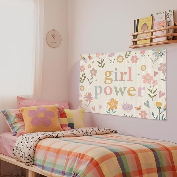 Girls Room Décor for Teen Girls, Wall Decor for Bedroom Motivational Inspirational Wall Art Girl Room Decoration for Kids Nursery, Cute Wildflower Floral Girl Power Banner