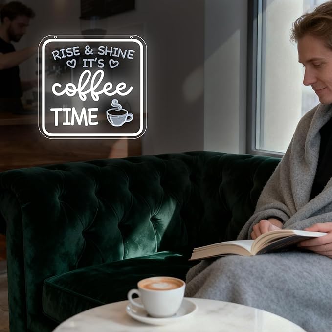 Farmhouse Coffee Bar Sign,Rise & Shine It's Coffee Time Neon Signs for Cafés Coffee Bar Accessories Home Kitchen Led Sign Wall Decor