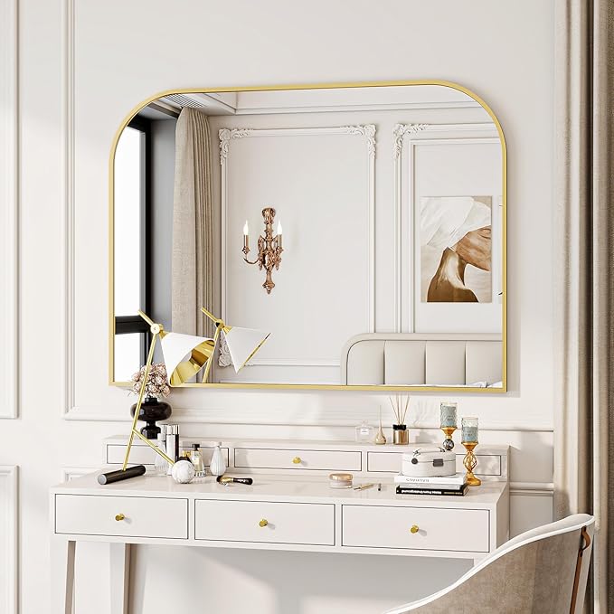 Gold Wall Mounted Bathroom Mirror - 48 x 30 Inch Round Cruved Top Right Angle Bottom Wall Mirror, Aluminum Metal Framed, Decor for Living Room, Bedroom, Fireplace, Mantle, Entryway