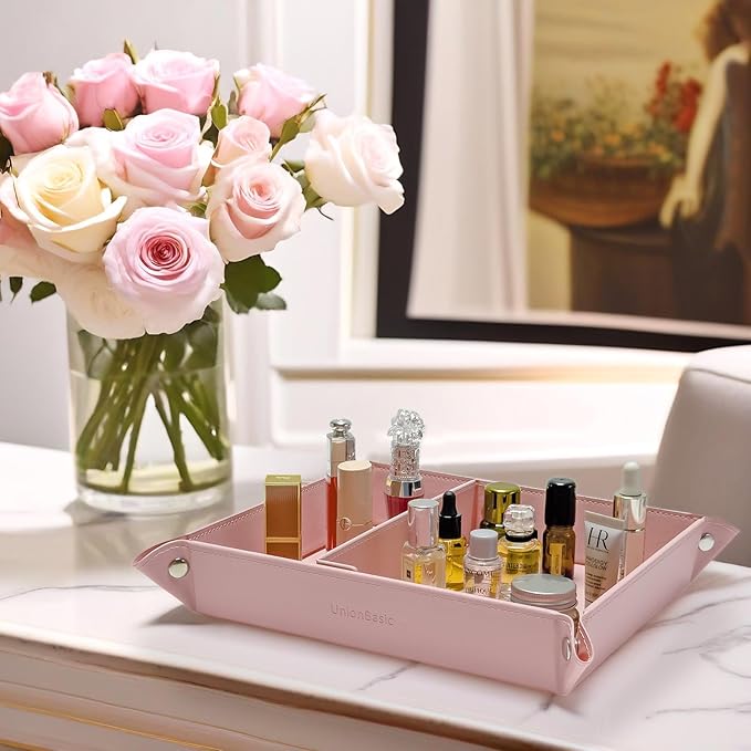 UnionBasic Medium Valet Tray, Jewelry Tray for Rings Watches Earrings, Entryway Catchall Caddy for Coins Keys Change, Nightstand Bedside Valet Holder, Trays for Electronic Gadgets, Candy Pink Plus